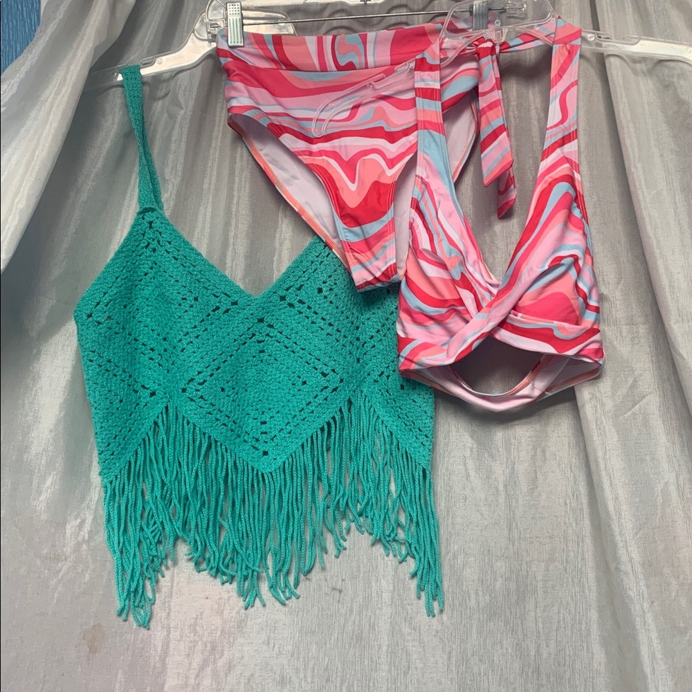 Vibrant Teal and Pink Crochet Bikini Set